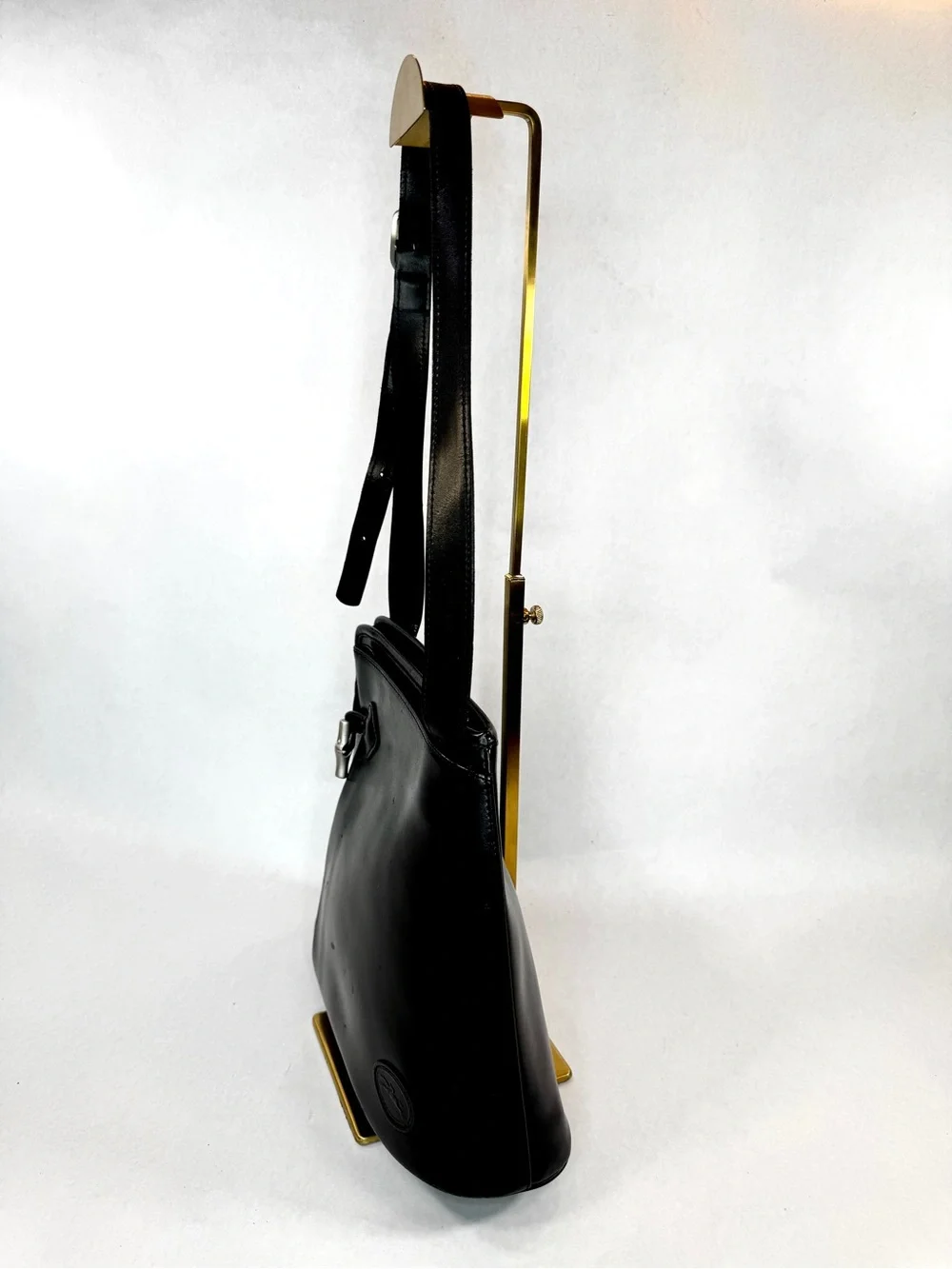 VTG Longchamp Roseau Trapezoid Bucket Shoulder Bag Black Leather France 90s